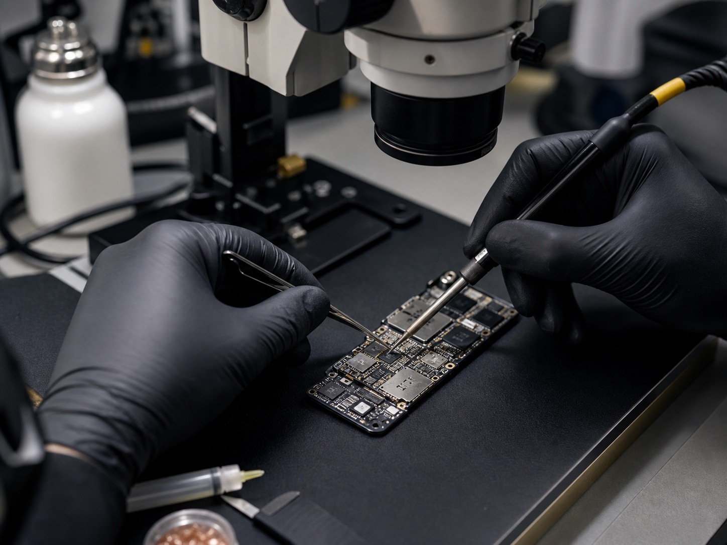 Precision chip-level repair on a smartphone logic board under a stereo microscope
