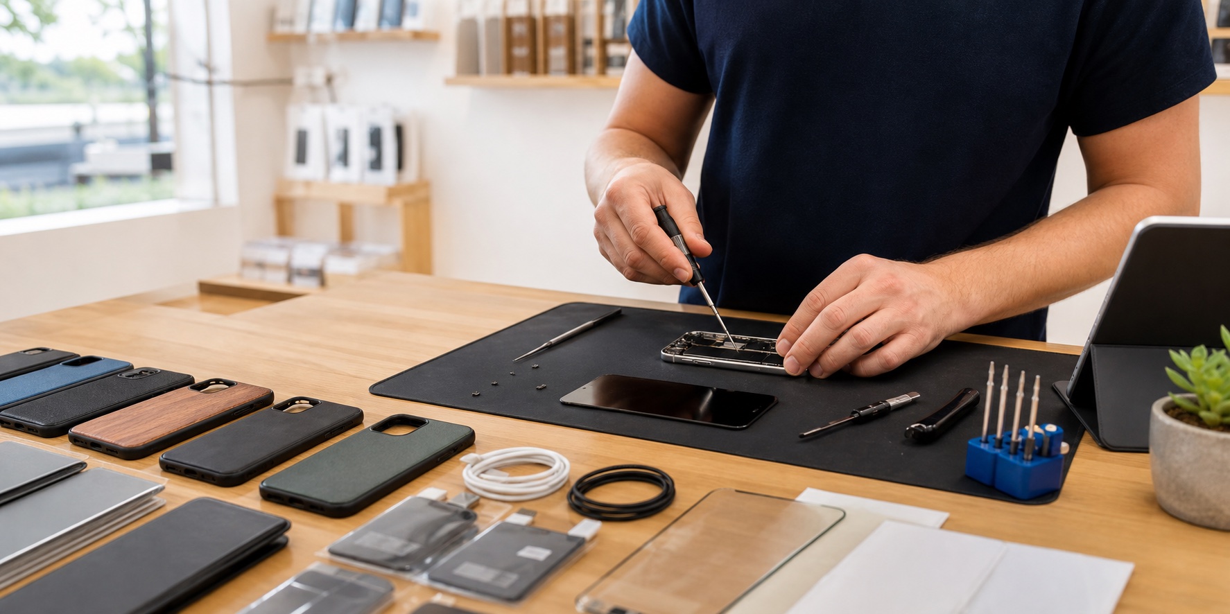 A technician repairing a phone at a workbench