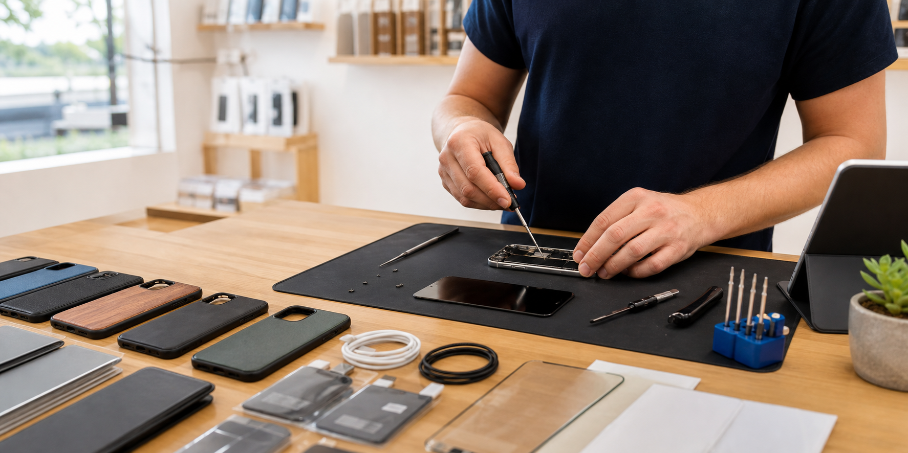 Phone repair tools and accessories on a professional repair counter
